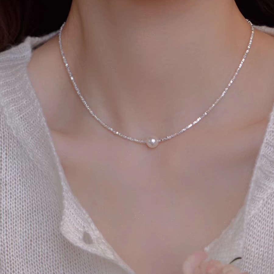 Silver Pearl Necklace for Women, Cracked Silver, Adjustable Chain