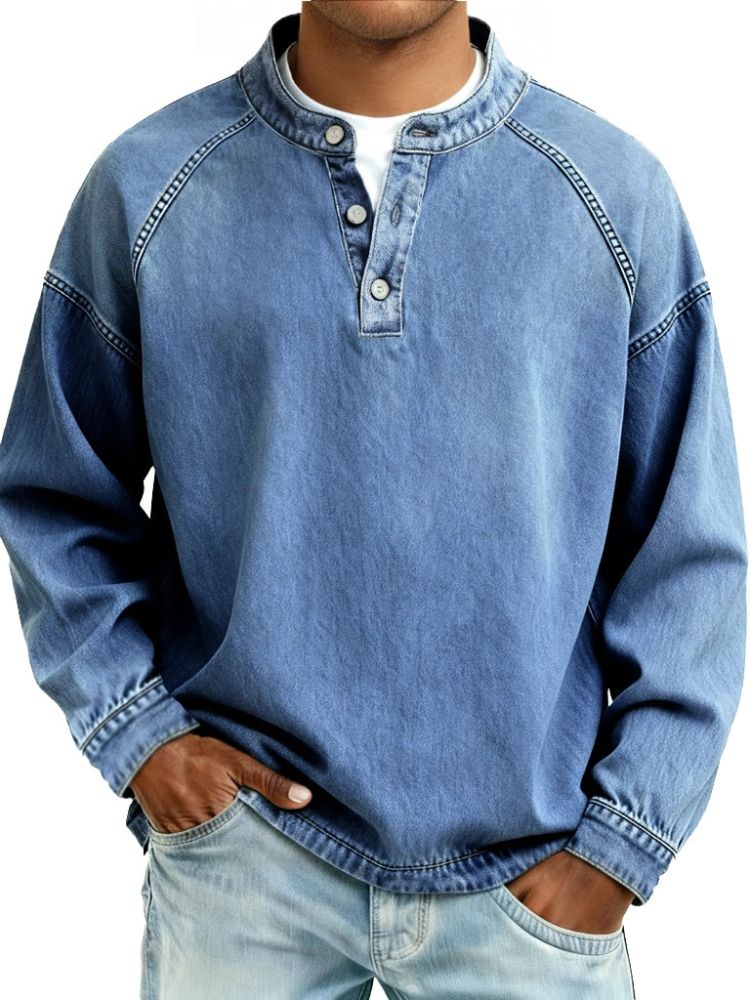 Herren-Sweatshirt mit Stehkragen, langen Ärmeln, gewaschen im Vintage-Look