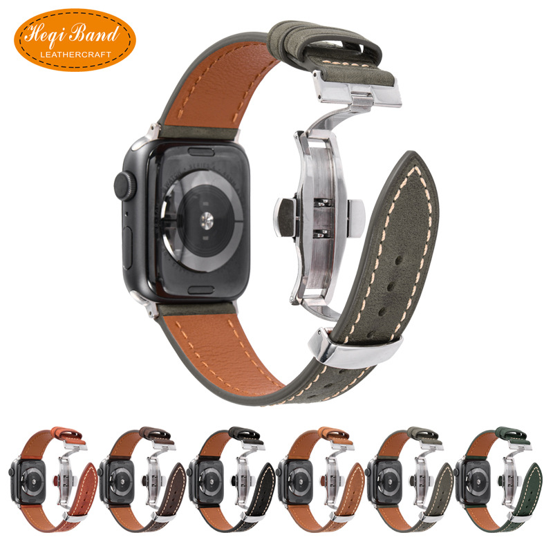 Men's Genuine Leather Apple Watch Strap, Butterfly Buckle, Series 1-7