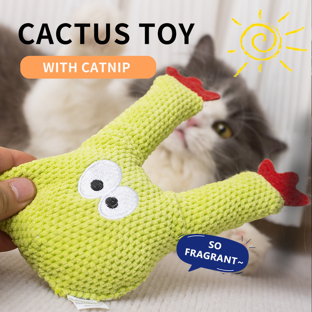 Cat Chew Toy with Teeth Cleaning Cactus Plush Pillow and Catnip