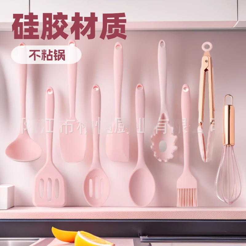 Mini silikon mutfak eşyaları seti 10 parçalı yüksek sıcaklığa dayanıklı silikon spatula yağ fırçası bebek maması kaşığı mutfak eşyaları