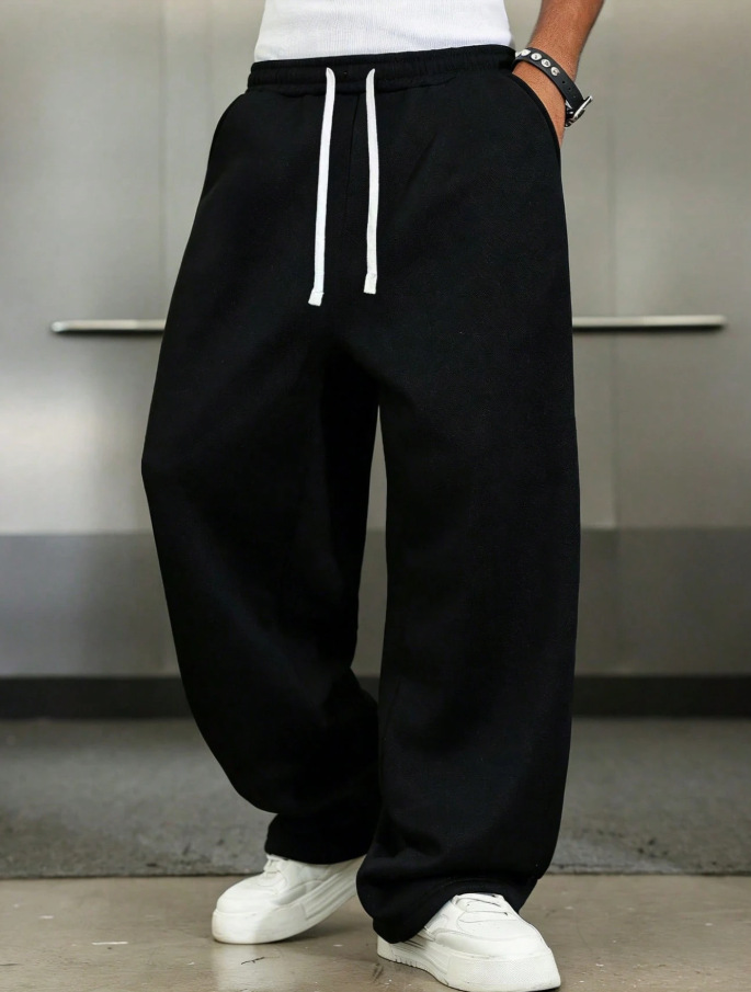 Cross-border Europe and America Men's High-Waist Drawstring Drape Floor-Length Casual Straight-Leg Pants, Versatile Loose Wide-Leg Sports Sweatpants