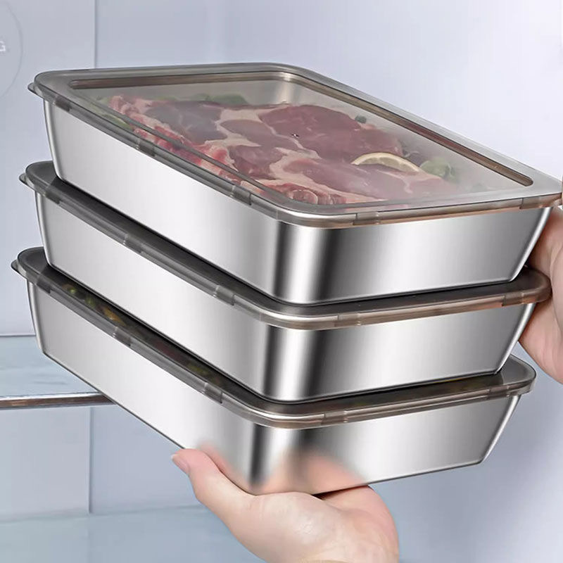Thickened food-grade square stainless steel storage container with lid, towel tray, square tray for barbecue, home-use square plate, serving plate. - 8