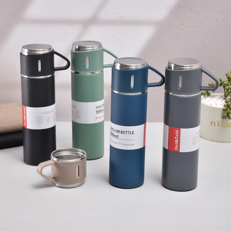 304 vacuum insulated stainless steel thermos cup single container three lids gift box set business water cup gift wholesale printed logo - 2