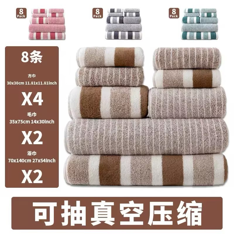 Coral fleece towel set 8-piece striped design - 1
