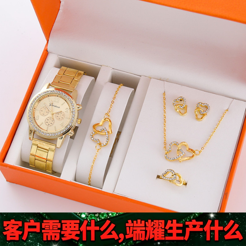 5-teiliges Damenuhr-Set mit Stahlarmband, Fake-Dreiziffernblatt-Design, alltägliches koreanisches Quarz-Uhr-Set mit Armband.