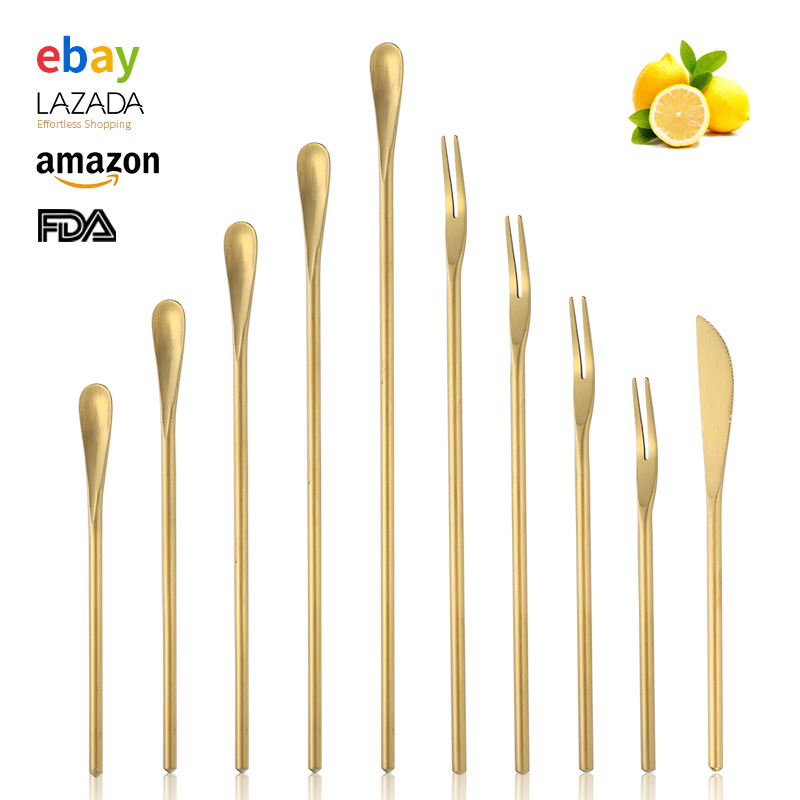 Japanese-Style 304 Stainless Steel Fruit Fork Coffee Stirring Spoon Long Handle Ice Spoon Dessert Spoon Cake Fork Cocktail Stick Bar Spoon