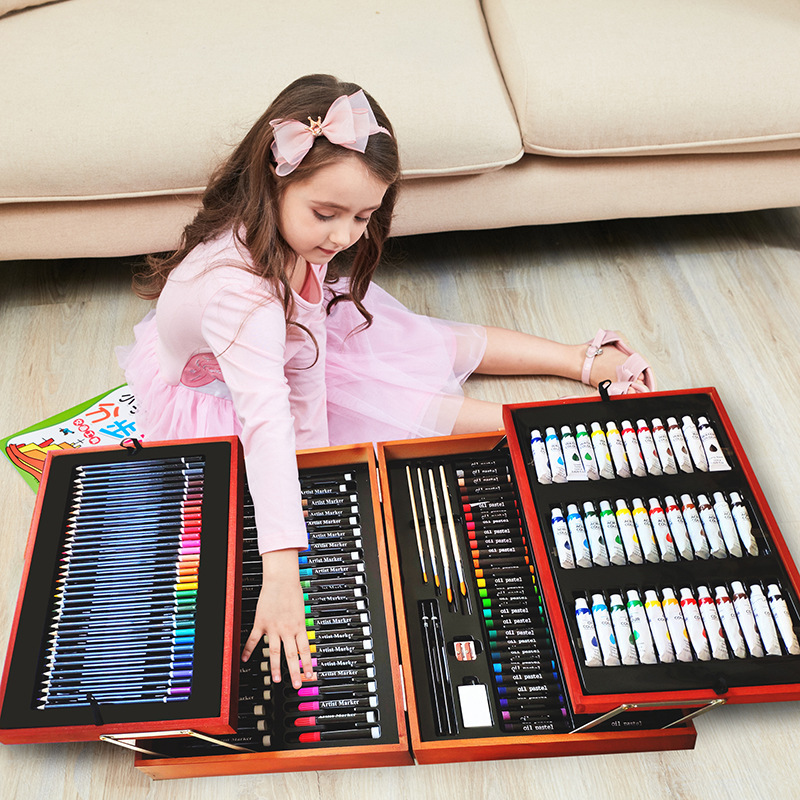 Chiyuan 174 adet ilkokul öğrencileri renkli baskı suluboya kalem boyama seti fırça mum boya ahşap kutu pigment boyama renkli kalem seti