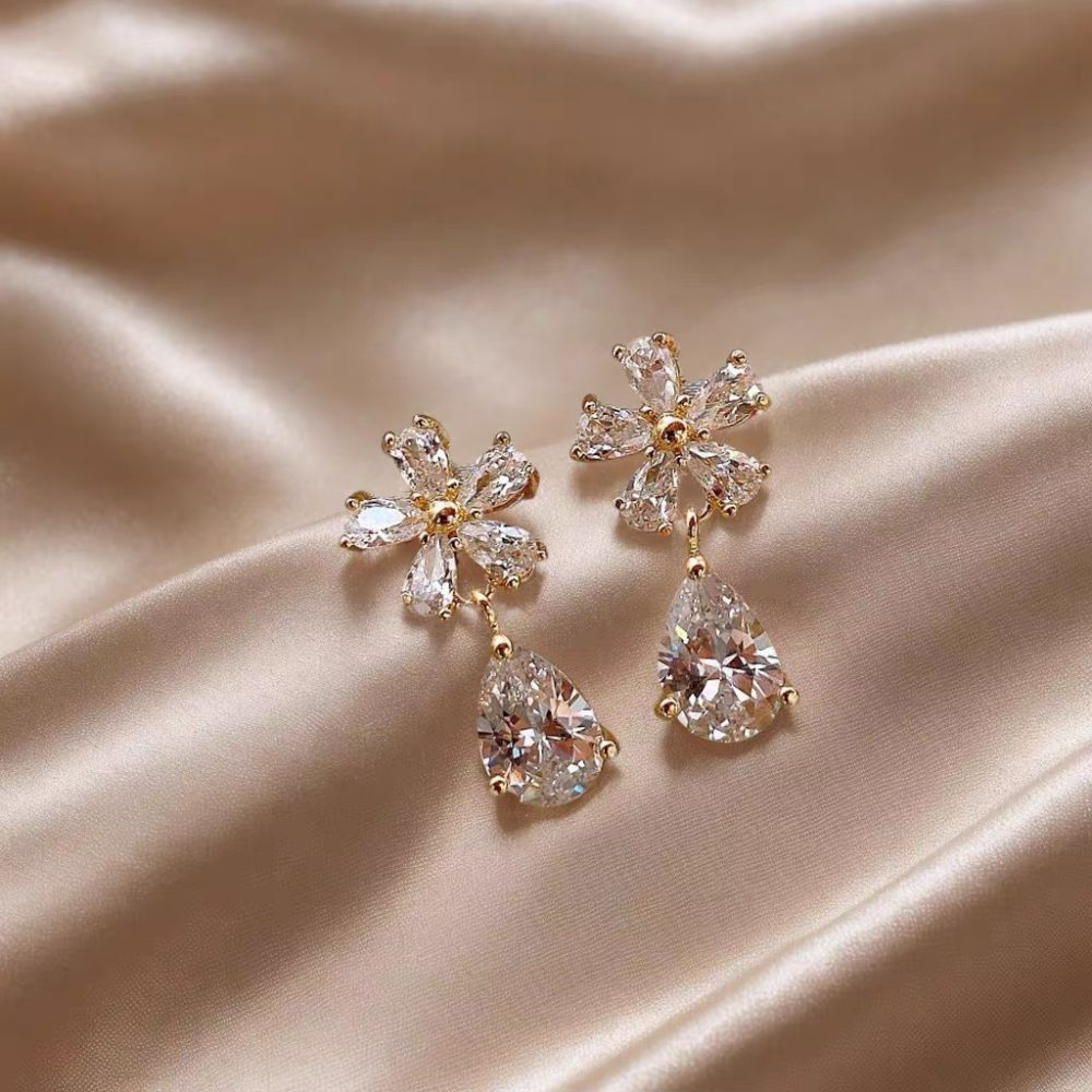 Kristall-Blüten-Ohrringe, Tropfen-Design, koreanischer Stil, elegant