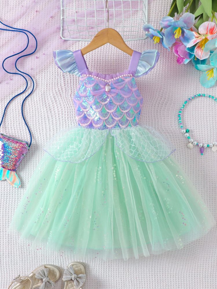 Girls Cross-Border Summer Best-Selling Flying Sleeve Suspender Mesh Dress, Sparkling Sequin Mermaid Princess Dress for Kids