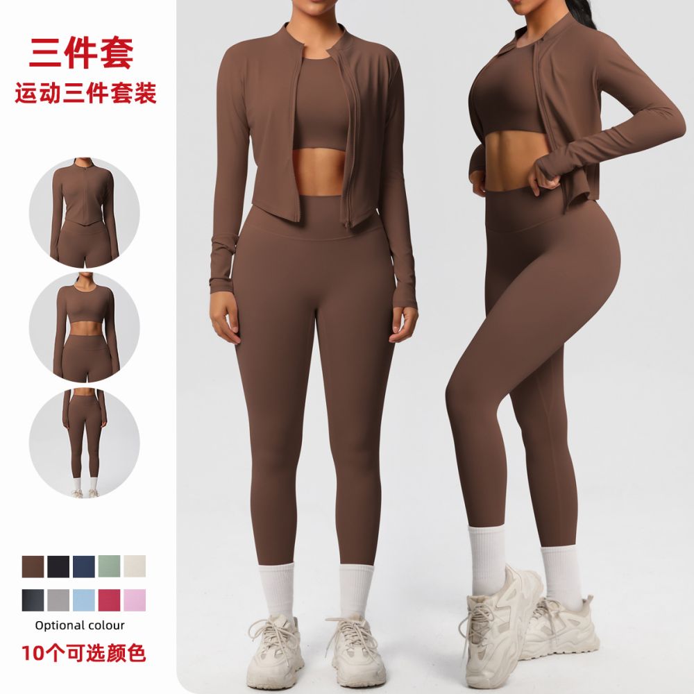 Damen-Fitness-Set aus drei Teilen mit Jacke, Leggings und Top