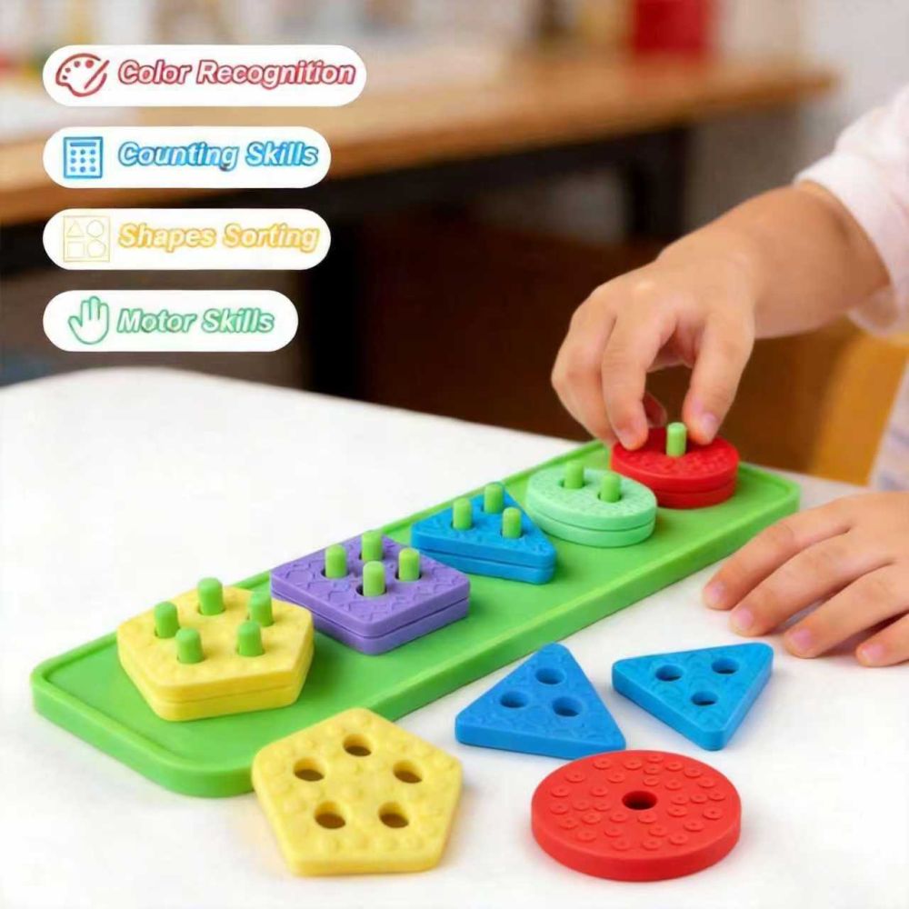 Geometric Puzzle Building Blocks for Ages 1-3, Silicone Sensory Educational Toy