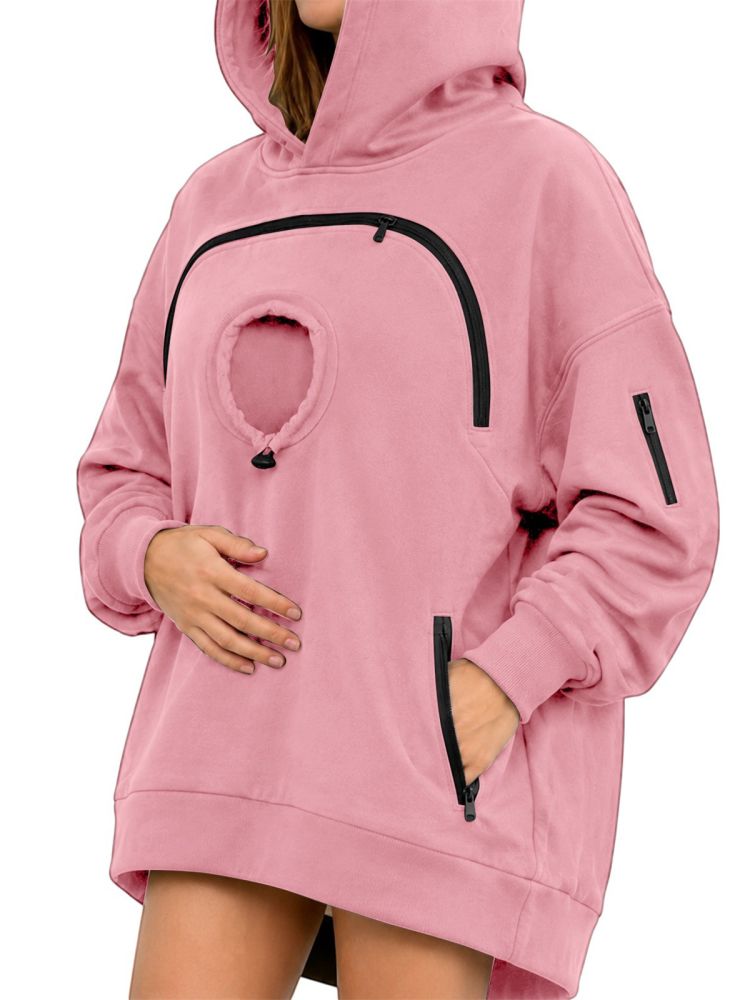 Cross-border Hooded Women's Pet Cat Pocket Casual Sweatshirt Women's Zip-Up Long Sleeve Hooded Fleece-Lined Top