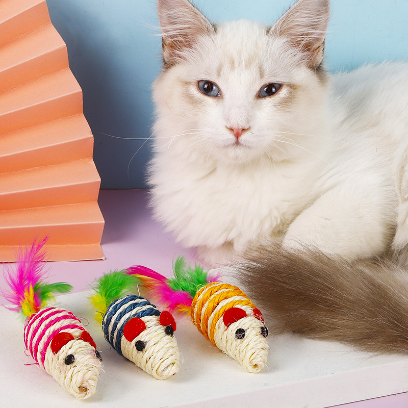 Direktverkauf ab Hersteller: Bunte Federn-Sisal-Maus Katzenspielzeug. Sisal-Streifen-Maus Katzen-Kratzspielzeug, interaktives Spielzeug zum Schärfen der Krallen