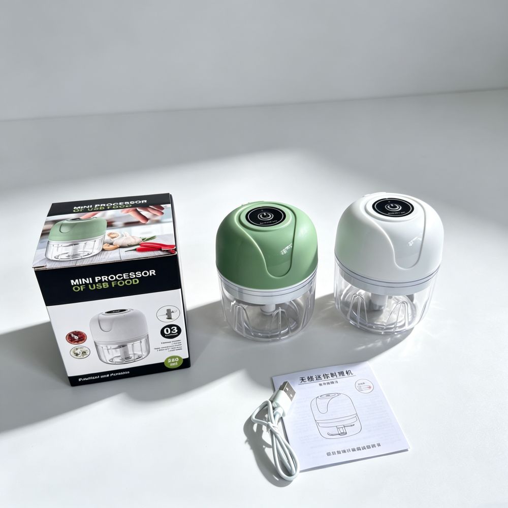 Mini electric food processor, USB rechargeable, green/white
