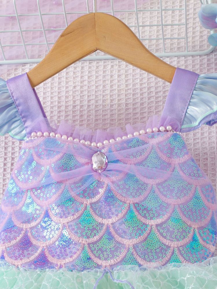 Girls Cross-Border Summer Best-Selling Flying Sleeve Suspender Mesh Dress, Sparkling Sequin Mermaid Princess Dress for Kids