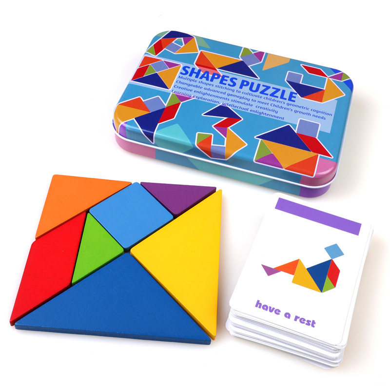 Wooden Tin Box Tangram Puzzle, Magnetic Educational Puzzle for Kindergarten and Primary Sc