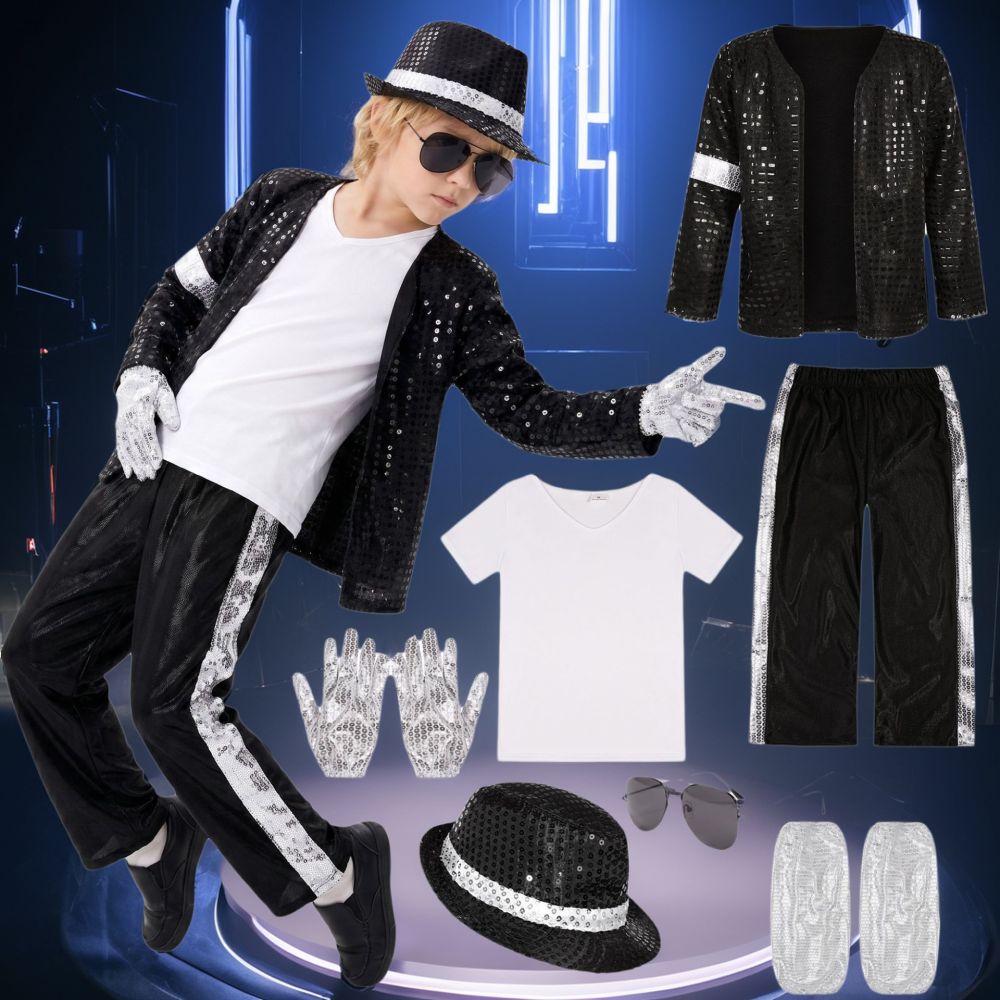 Çocuk Michael Jackson kostüm takımı, pullu performans kıyafeti