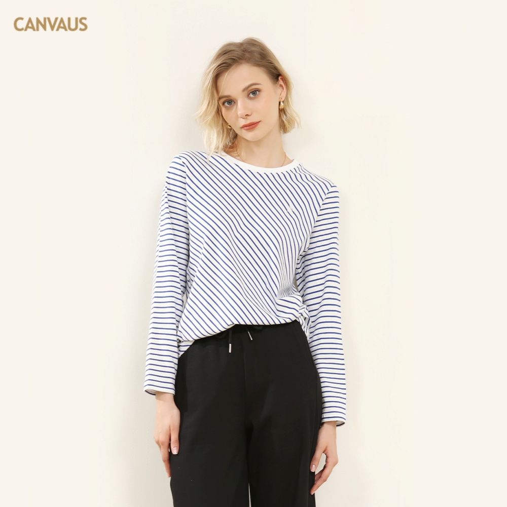 Damen Langarmshirt mit Streifen im Marine-Look, Rundhals, Basic