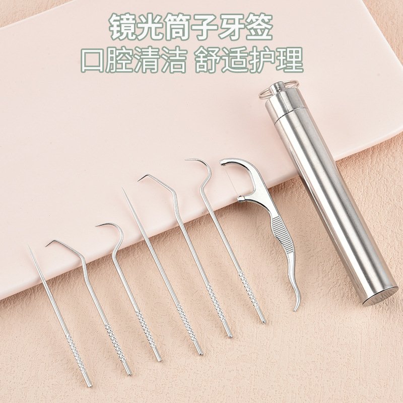跨境不锈钢牙签清洁套装牙线金属剔牙便携收纳筒口腔牙齿工具齿间