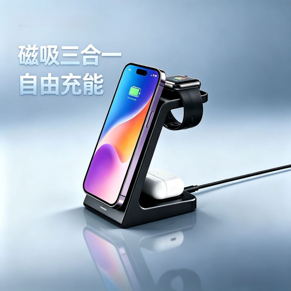 15W磁吸三合一无线充电支架MagSafe磁吸快充桌面无线充电器跨境