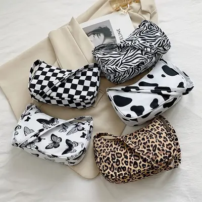 Small Leopard Print Underarm Bag, Black and White Plaid Handbag - 1