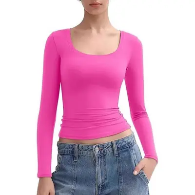 Women's Long Sleeve Crop Top, Solid Color, U-Neck Slim Fit Y2K T-Shirt