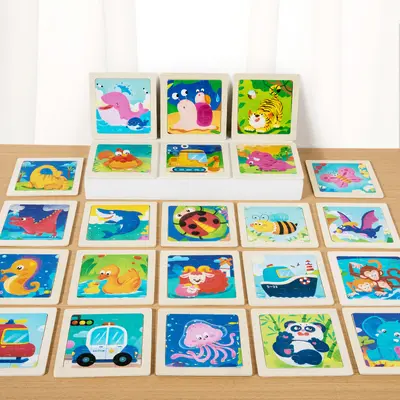 Puzzle oyuncak erken eğitim zeka geliştirici kız erkek çocuk dokuz parça blok bebek çocuk zeka gelişimi ahşap karikatür hayvan yerleştirme paneli