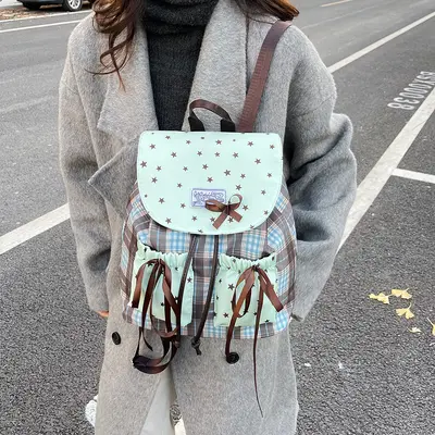 Kids Backpack Bow Design Mint Green Plaid Primary School Bag - 3