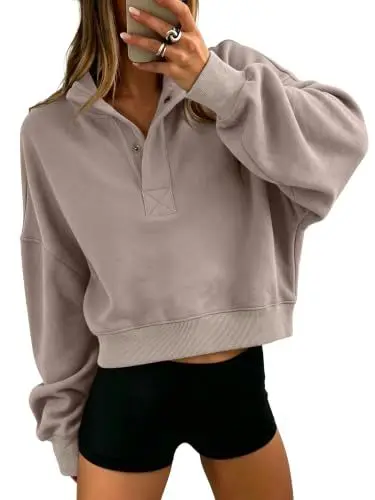 Henley Yaka Uzun Kollu Sweatshirt, Yumuşak ve Rahat Kesim, Sonbahar Kış - 9