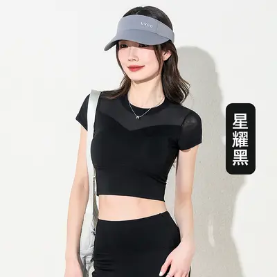 Women's Mesh Pilates Training Short Sleeve Fitted Sports Top, Summer - 10