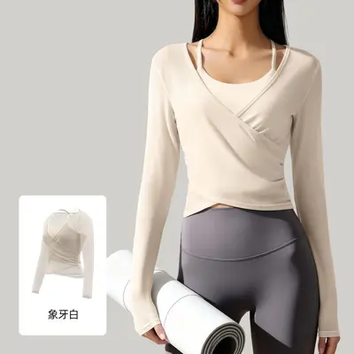 Fake Two-Piece Mesh Long Sleeve Yoga Top with Built-in Chest Pad - 7