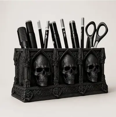 3D Printed Skull Pen Holder and Makeup Brush Storage Box, Gothic Style Gift - 2