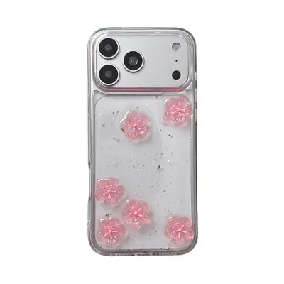 iPhone 17 Pro / 16 / 15 pembe kiraz çiçeği parlak şeffaf kılıf