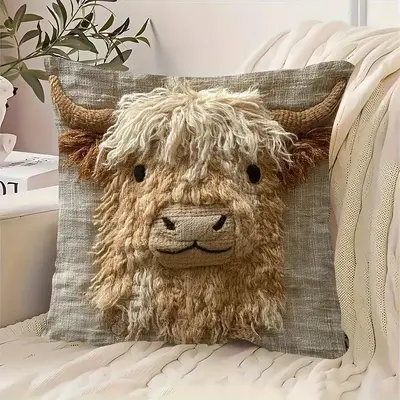 Highland-Rind Kissenbezug Kuschelkissenbezug Kuscheltier Kurzflor Samtig Niedliches Tierdruck Sofa Wohnzimmer Deko Kissen Bezug Cremestil