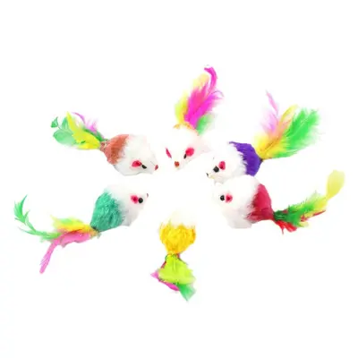 Squeaky Plush Mouse Cat Toy with Colorful Feathers - 6