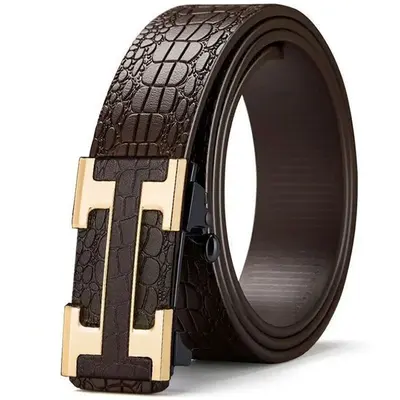 Crocodile Pattern Leather Belt Men's Waist Belt with Automatic Buckle Letter HB Fake Leather Belt Casual Versatile Trouser Belt - 6
