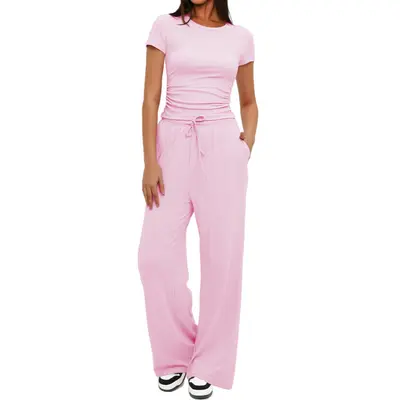 Damen-Langarm-Set mit Hose mit hohem Bund und weitem Bein - 11