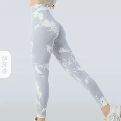跨境蜜桃臀瑜伽裤高腰收腹健身裤女扎染跑步运动紧身速干透气长裤 - 11