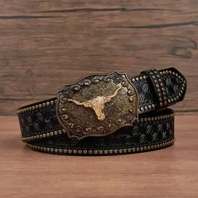 Western cowboy belt, youth punk style embossed men's studded leather belt, wholesale ethnic style belt in stock.