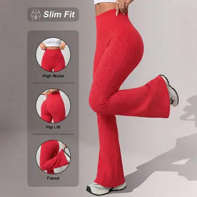 Women's Yoga Leggings Ribbed, High Waist, Tummy Control, Autumn-Winter - 7