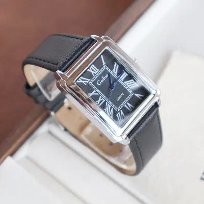 Men's wristwatch with leather strap, square dial, Roman numerals, quartz movement