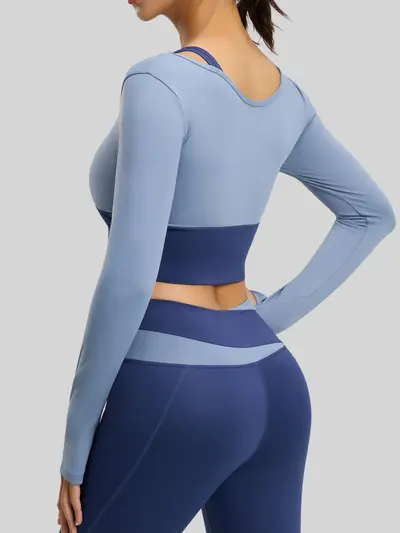 Juyitang yeni model vücut hatlarını saran spor fitness kıyafeti, sarsıntı önleyici, renk bloklu, sahte iki parça, sütyen gerektirmeyen yoga kıyafeti