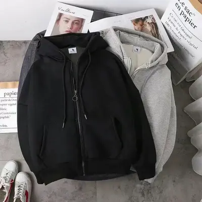 Unisex Fleece-Strickjacke mit Reißverschluss, lockerer Kapuzenpullover - 8