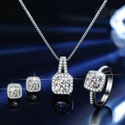925er Silber Moissanit Schmuckset 3-teilig Ring Ohrstecker Halskette - 7