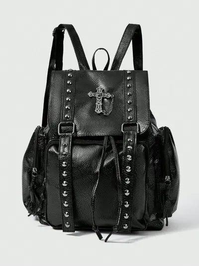 Export Crossborder Wasserstoßkaschierung Litchi-Struktur PU-Leder Nieten Motorradjacke Windbreaker Rucksack Kreuz Doppelschulter Rucksack Großvolumiges Damen-Handtasche