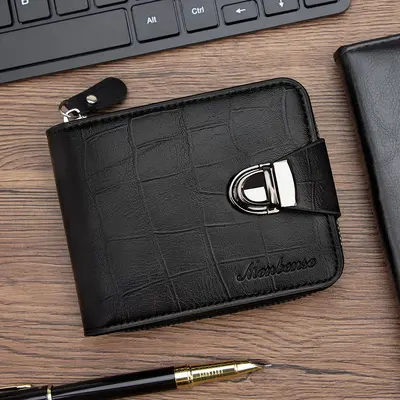 Crocodile Pattern Men's Short Wallet with Snap Closure, Tri-Fold and Chain - 7