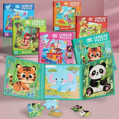 Magnetic progressive puzzle book with cartoon animals and learning activities