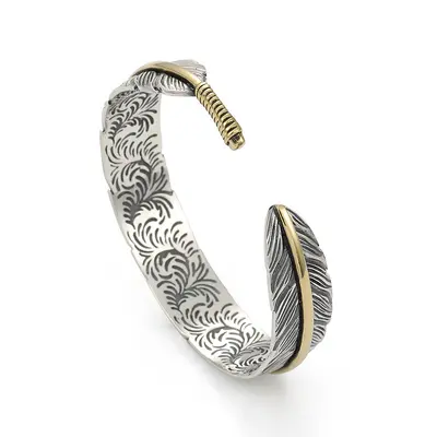 Tang pattern feather open cuff bracelet, men's stainless steel