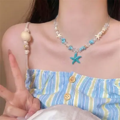 Pearl and shell bead necklace, beach vacation style - 7